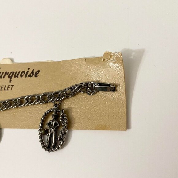 Vintage Western Faux Turquoise Charm Bracelet Cowboy Boots Horse Carriage Flaws - Picture 4 of 16